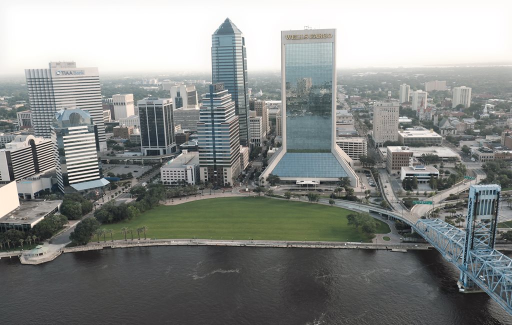 Image of Downtown Skyline Showcasing the Landing Site, Now Green Space