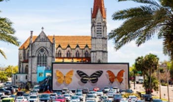 Church with butterflies painted on it